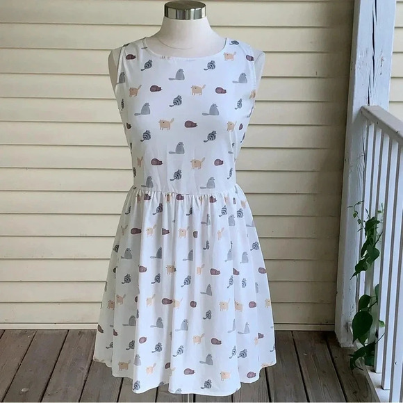 NWT LA SOUL S All Over Cats Print Sleeveless Dress Rockabilly White Fat Kitty - Picture 1 of 8